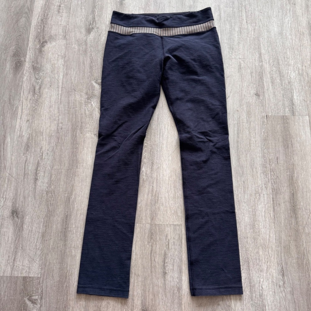 Lululemon Navy Blue Textured Straight Leg Yoga Pants Striped Waistband Size 8